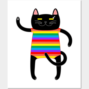 Black Cat Wearing a Rainbow Striped Onesie Posters and Art